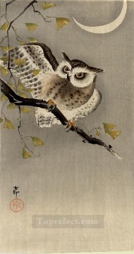  under - owl on ginkgo branch scops owl under crescent moon Ohara Koson Shin hanga